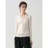 Suéter de Tricô Henley com Gola Polo em Lã Merino 100% Fio Yangzi 120s para Mulheres, Camisa Básica Emagrecedora para o Outono