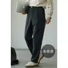 Calça Casual Masculina Outono/Inverno Mistura de Algodão Amiga da Pele Fivela de Metal Cintura Meio Elástica Calça de Perna Reta Calça de Perna Larga