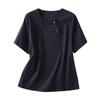 Verano 2026 Nuevo Estilo Talla Grande Holgado Casual Algodón y Lino Top con Cierre de Botones Retro, Camiseta de Manga Corta Color Bloqueado Color Sólido Estilo Zen