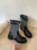 Botas de Retalhos Jeans da Moda Femininas 2026 Botas de Outono Fivela Meio da Panturrilha Botas de Cavaleiro Salto Grosso Emagrecedoras Botas Empilhadas