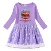 Vestido Transfronterizo Nuevo para Niñas Primavera y Otoño Algodón Estampado Caricatura Estrellas y Luna Malla Manga Larga Vestido de Princesa