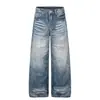 Pantalones de Mezclilla Lavados con Degradado Estilo Retro Americano para Hombre, Holgados, Moda Callejera de Alta Calidad, Básicos Versátiles, Pantalones Rectos Desgastados