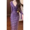 Preço real Outono Inverno Charme Romântico Francês Roxo Renda Elástica Vestido Elegante Saia Longa Mulheres Poliéster Tie-dye