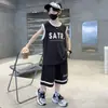 Conjunto de Verano Transpirable de Seda Helada para Niños, Top sin Mangas con Letras para Niños, Conjunto de Baloncesto, Conjunto de Dos Piezas Deportivo de Moda para Niños Mayores