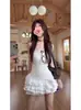 Doce Vestido Branco de Suspensório para Mulheres Verão Cintura Fina Saia Bolo Franzida Estilo Ballet Saia Evasê