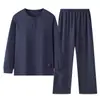 Pijama para hombre para otoño e invierno, 100% algodón, manga larga, pantalón largo, cuello redondo, corte holgado, casual, talla grande, conjunto de ropa de estar para jóvenes