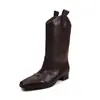 Botas Vaqueras Western de Piel de Vaca Completa Talla Grande 40-42 2026 Invierno Primavera Tacón Bajo Punta Cuadrada Piel Genuina Corte en V Botas de Media Caña para Mujer