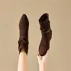 Botines Cortos Ocultos para Aumentar la Altura para Mujer 2026 Otoño/Invierno Nuevo Estilo Gamuza Versátiles Botas tipo Martin Puntera Cuadrada Tacón Bajo Hebilla Botas Apiladas Mujer