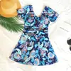 Traje de baño de una pieza para mujer, estilo falda, conservador, talla grande, adelgazante, que oculta el abdomen, traje de baño para aguas termales, nuevo traje de baño estampado de manga corta 3605