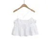Top Colete Curto Feminino Popeline Branco com Barra Franzida e Alças Verão 2025 Sexy Europeu e Americano Sem Costas