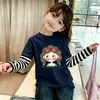 Roupa de Verão para Meninas: Camiseta Estampada Manga Longa Doce e Fofa, Top Patchwork Duas Peças de Verão para Crianças Maiores, Algodão Puro
