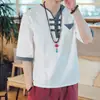 Estilo Novo de Verão 2021 Estilo Chinês Algodão e Linho Camiseta Casual Masculina de Manga Curta Tamanho Grande Moderna Camiseta de Linho Abotoada para Homens