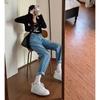 Pantalones rectos Torre para mujer, otoño e invierno, nuevo estilo coreano, retro, cintura alta, sueltos, adelgazantes, combinables, vaqueros recortados, de moda para estudiantes.