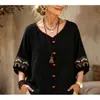 2026 Amazon Verano Transfronterizo Europeo y Americano Camiseta Superior Casual Suelta de Algodón y Lino Bordada Vintage de Color Sólido Cuello Manga Media