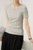 2025 Novo Top de Malha Canelada com Gola Redonda de Manga Curta Slim Fit Versátil para Mulheres, Camiseta Esportiva Casual Fina de Primavera e Verão