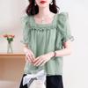 Hermosa y Moderna Blusa de Gasa 2026 Verano Nuevo para Mujer de Manga Corta con Volantes de Malla de Doble Capa que Cubre el Vientre