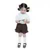 Conjunto de verão para meninas estilo coreano 26 novo modelo, camisa de manga curta plissada com gola de boneca estilo faculdade para menininha com shorts de renda