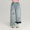 Calça Jeans Infantil Pudding Haru com Bordado de Laço, Forrada com Lã e Espessa para Meninas, Calça Reta Doce e na Moda