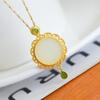 Colar com pingente redondo totalmente incrustado de jade branco Hetian feminino Jaspe retrô moda estilo palácio corrente clavícula feminina