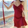 24 primavera nova mulher sexy Ice Silk pulseira nightdress cor pura tentação sem costas luz luxo fora de casa wear