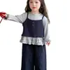 Conjunto de Primavera y Otoño para Niñas 2026 Nuevo Elegante de Encaje Falso de Dos Piezas Superior Pantalones de Pierna Ancha Florales Conjunto de Dos Piezas