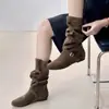 Botas Altas Femininas 2025 Novas de Outono Retrô Versáteis com Aumento Interno de Altura, Botas Plataforma com Fivela de Cinto, Botas de Montaria Altas Emagrecedoras