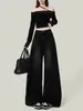 Calça Jeans Larga de Barra Crua Preta e Cinza Americana para Mulheres no Outono e Inverno Cintura Alta Solta para Corpo Pera Calça Flare Comprimento Total