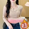 Tops Calientes para Mujer en Otoño e Invierno, Encaje de Terciopelo y Engrosado con Cuello en V Ropa de Otoño, Camisetas Interiores Ajustadas, Tops Exteriores