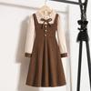 Vestido casual de otoño para niñas, estilo universitario, moda infantil para bebés y niñas, otoño, moderno de dos piezas falsas, vestido de celebridad de internet