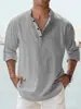 2023 Comércio Exterior Transfronteiriço Masculino Camiseta de Linho com Gola Alta Manga Longa Moletom Solto Cor Sólida Manga Longa Camisa de Algodão e Linho Masculina