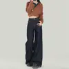 Calça Jeans Wide Leg Azul Escuro para Mulheres Temporada Outono e Inverno 2025 Azul Denim Cintura Alta Wide Leg Solta Drapê Pernas Retas Relaxadas