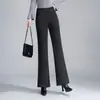 Calça flare de mistura de lã feminina, novo estilo primavera/outono 2026, calça para mães de meia-idade, cintura alta, corte solto, emagrecimento, calça flare de perna reta