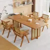 Conjunto de Mesa de Jantar e Cadeiras em Madeira Maciça e Rattan Tecido Mesa de Jantar Simples para Casa Restaurante Mesa de Centro Retangular e Cadeiras Estilo Wabi-Sabi Pousada
