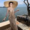 Vestido estilo francês lindo sem alças estilo fada verão malha estampa elegante skinny longo vestido de férias à beira-mar