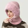 Chapéu de lã tricotado quente com forro de fleece para ciclismo ao ar livre no inverno para mulheres, chapéu com máscara e aquecedor de pescoço de design integrado