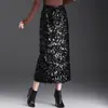 Saia Reta Elegante com Lantejoulas e Caimento Fluido, Saia Lápis Longa de Cintura Alta com Fenda, Saia Curta Trendy de Inverno 2025 que Molda o Corpo
