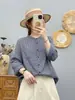 Camisa de Fio de Algodão de Camada Dupla para Primavera e Outono, Artística e Fresca, Solta, Casual, com Gola Alta, Manga Longa, Camada Base, Roupa de Exterior