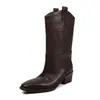 Botas Western de Piel de Vaca Completa con Bordado de Hoja de Arce Línea 2026 Otoño/Invierno Tacón Alto Grueso Punta Cuadrada Piel Genuina Botas de Media Caña para Ponerse para Mujer