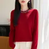Suéter de Punto de Lana Pura para Mujer 2026 Otoño/Invierno Nuevo Cuello Redondo Manga Larga Color Sólido Cosido a Mano con Pedrería Top Holgado Tendencia