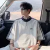 Camisa Polo Patchwork de Três Listras Estilo Americano de Manga Curta para Homens, Camiseta Casual Esportiva de Verão, Blusa Solta de Meia-Manga para Jovens