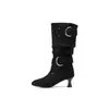Botas de Salto Alto até o Meio da Panturrilha Tamanho 34-46 com Salto Grosso para Mulheres, Botas de Couro Femininas Cross-Border com Bico Redondo, Estilo Slip-On, Sola Macia de Borracha Confortável