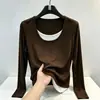 Camiseta feminina de algodão de bambu para outono, corte slim, color block, falsa peça dupla, manga longa, top simples casual moderno