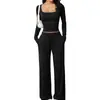 Conjunto de Pantalones Casuales Transfronterizos Otoño 2026 con Top Corto de Manga Larga Cuadrado, Ropa de Casa para Mujer Europea y Americana