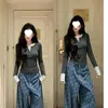 Blusa de algodão puro com blocos de cor e mangas compridas para mulheres, camisa base slim fit com design estiloso, camiseta elegante estilo coreano, disponível em preto e azul marinho