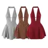 Vestido Corto Transfronterizo de Corte Ajustado, Espalda Descubierta con Cuello Halter, Escote en V Profundo Calado, Único Vestido Mini de Línea A Plisado Estilo Francés