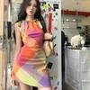 Vestido Sexy de Verano Elegante para Mujeres Petites, sin Mangas, Estilo Dopamina, con Lazo, Bloques de Color y Tirantes Finos, que Ceñe la Cintura, Corte en A, Corto