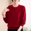 Roupa de Outono da Mamãe Tricô Vermelho Gola Redonda para Mulheres de Meia-Idade e Idosas Elegante Temperamento Redutor de Idade Top Manga Longa Camada Base Fina Suéter de Lã