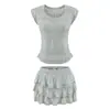 T344-2026 Conjunto de Top de Punto de Manga Corta Ajustado + Falda Casual de Niveles Adelgazante Nuevo Estilo Europeo y Americano para Chicas Modernas