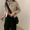 En stock chaqueta biker corta de gamuza elegante estilo coreano para principios de otoño, de cuello alto, cintura alta, para mujer