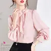 Moda Elegante Versátil Cubre Vientre Lazo Mangas de Campana Manga Larga Camisa de Gasa Elegante Blusa Top